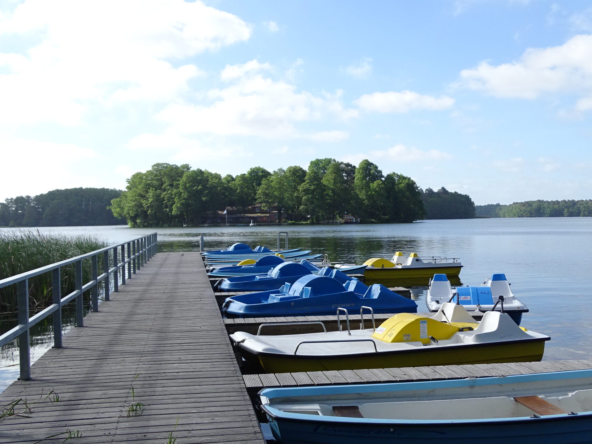 Bootsverleih an einem See mit bunten Tretbooten, die an einem Holzsteg angelegt haben.